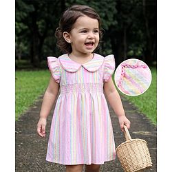 Babyhug Woven Frill Sleeves Peter Pan Collared Smocked Striped Frock - Pink