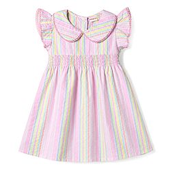 Babyhug Woven Frill Sleeves Peter Pan Collared Smocked Striped Frock - Pink