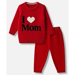 Babyhug Knit Full Sleeves Sweater Set With I Love Mom Design - Red
