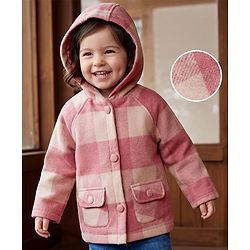 Babyhug Suede Woven Checked Hooded Jacket with Full Sleeves - Pink