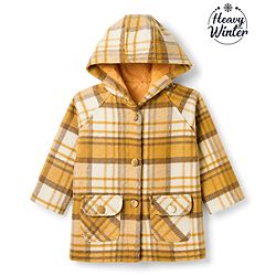 Babyhug Suede Woven Hooded Jacket with Full Sleeves and Checks Print - Yellow