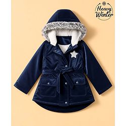 Babyhug Woven Hooded Jacket with Full Sleeves and Star Patch in Navy Blue for 2-3 Years