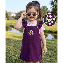 Babyhug  Woven Half Sleeves Floral Printed & Embroidered Corduroy Frock With Inner Tee - Purple