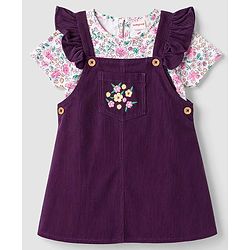 Babyhug  Woven Half Sleeves Floral Printed & Embroidered Corduroy Frock With Inner Tee - Purple