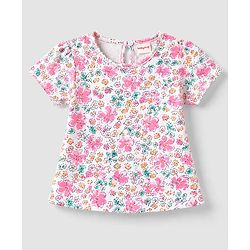 Babyhug  Woven Half Sleeves Floral Printed & Embroidered Corduroy Frock With Inner Tee - Purple