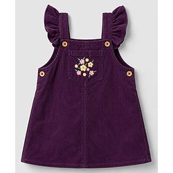 Babyhug  Woven Half Sleeves Floral Printed & Embroidered Corduroy Frock With Inner Tee - Purple