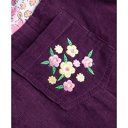 Babyhug  Woven Half Sleeves Floral Printed & Embroidered Corduroy Frock With Inner Tee - Purple