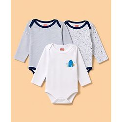 Babyhug 100% Cotton Knit Full Sleeves Striped & Printed Onesies Pack of 3 - Navy Blue & White