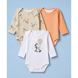 Babyhug 100% Cotton Interlock Knit Full Sleeves Striped Onesies With Zebra Print Pack of 3 - White, Yellow & Orange