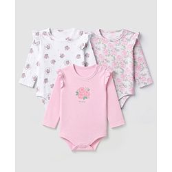 Babyhug Interlock Knit 100% Cotton Full Sleeves Onesies With Floral Print Pack of 3 -white, Pink & Light Pink