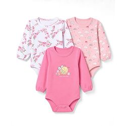 Babyhug 100% Cotton Interlock Knit Full Sleeves Onesies With Floral, Cloud & Bee Print Pack of 3 - White, Pink & Light Pink