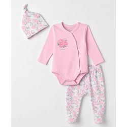 Babyhug 100% Cotton Interlock Knit Full Sleeves Onesies with Leggings & Cap With Floral Print - Pink