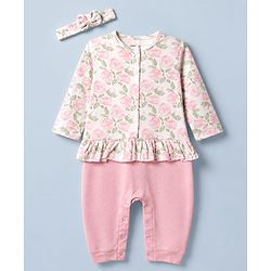Babyhug 100% Cotton Interlock Knit Full Sleeves Romper With Floral Print & Headband - Pink