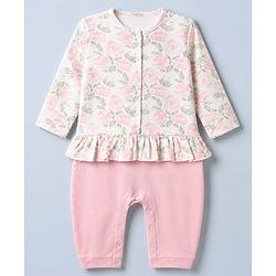 Babyhug 100% Cotton Interlock Knit Full Sleeves Romper With Floral Print & Headband - Pink