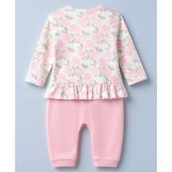 Babyhug 100% Cotton Interlock Knit Full Sleeves Romper With Floral Print & Headband - Pink