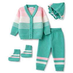 Babyhug Knit Full Sleeves Striped Sweater Set With Cap & Booties - Mint