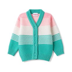 Babyhug Knit Full Sleeves Striped Sweater Set With Cap & Booties - Mint