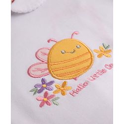 Babyhug 100% Cotton Interlock Knit Full Sleeves Romper with Frill Details and Polka Dots Print with Honey Bee Embroidered Patch - White & Pink