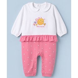 Babyhug 100% Cotton Interlock Knit Full Sleeves Romper with Frill Details and Polka Dots Print with Honey Bee Embroidered Patch - White & Pink