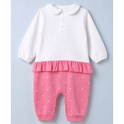 Babyhug 100% Cotton Interlock Knit Full Sleeves Romper with Frill Details and Polka Dots Print with Honey Bee Embroidered Patch - White & Pink