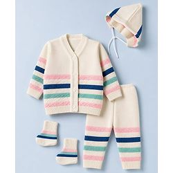 Babyhug Knit Striped Full Sleeves Baby Sweater Set with Cap & Booties - White
