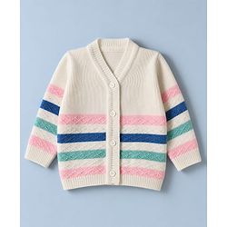 Babyhug Knit Striped Full Sleeves Baby Sweater Set with Cap & Booties - White