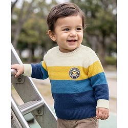 Babyhug Knit Full Sleeves Color Block Regular Pullovers with Have a Good Day Tiger Patch - Blue, Yellow