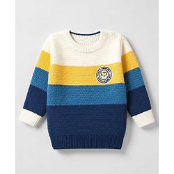 Babyhug Knit Full Sleeves Color Block Regular Pullovers with Have a Good Day Tiger Patch - Blue, Yellow