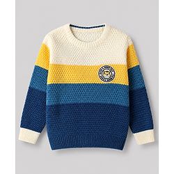 Babyhug Knit Full Sleeves Color Block Regular Pullovers with Have a Good Day Tiger Patch - Blue, Yellow