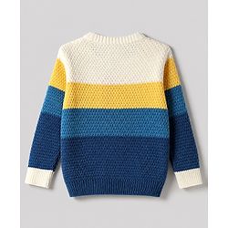 Babyhug Knit Full Sleeves Color Block Regular Pullovers with Have a Good Day Tiger Patch - Blue, Yellow