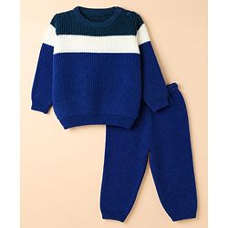 Babyhug Knit Full Sleeves Sweater Set with Color Block Design in Blue