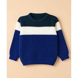 Babyhug Knit Full Sleeves Sweater Set with Color Block Design in Blue