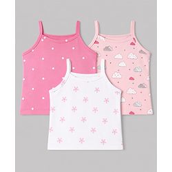 Babyhug 100% Cotton Single Jersey Knit Sleeveless Slips With Polka Dot, Cloud & Floral Print Pack of 3 - Pink, Light Pink & White