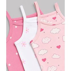 Babyhug 100% Cotton Single Jersey Knit Sleeveless Slips With Polka Dot, Cloud & Floral Print Pack of 3 - Pink, Light Pink & White