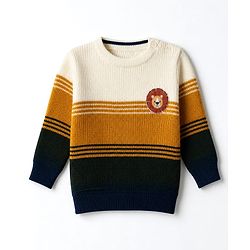 Babyhug Knit Full Sleeves Pullover with Colour Block Design & Lion Patch - Mustard/Olive Green