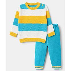 Babyhug Knit Full Sleeves Sweater Set With Striped Design - Blue