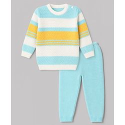Babyhug Knit Full Sleeves Striped Sweater Set - Sky Blue