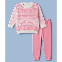 Babyhug Knit Full Sleeves Sweater Set with Floral & Rain Bear Design - Pink