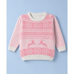 Babyhug Knit Full Sleeves Sweater Set with Floral & Rain Bear Design - Pink