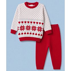 Babyhug Knit Full Sleeves  Sweater Set with Heart & Floral Design - Red