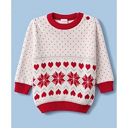Babyhug Knit Full Sleeves  Sweater Set with Heart & Floral Design - Red