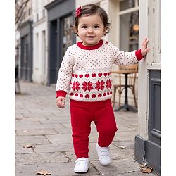 Babyhug Knit Full Sleeves  Sweater Set with Heart & Floral Design - Red