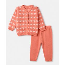 Babyhug Knitwear Sweater and Pant Full Sleeves with Full Length and Hearts Design in Peach for 3-6 Months