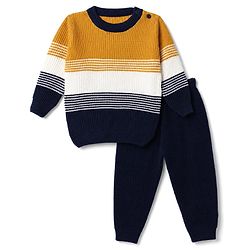 Babyhug Knit Full Sleeves Sweater Set with Color Block Design - Navy Blue