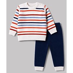 Babyhug Male Knit Full Sleeves Striped Sweater Set - White