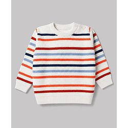 Babyhug Male Knit Full Sleeves Striped Sweater Set - White