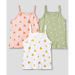 Babyhug 100% Cotton Single Jersey Knit Sleeveless Floral & Lemon Printed Slips Pack of 3 - White Pink & Green