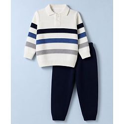 Babyhug Knit Striped Full Sleeves Baby Sweater Set - White