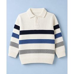 Babyhug Knit Striped Full Sleeves Baby Sweater Set - White