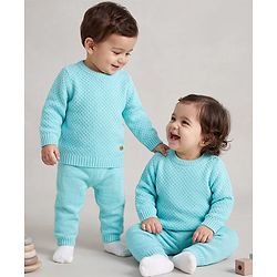 Babyhug Knit Full Sleeves Textured Sweater Set - Teal Blue
